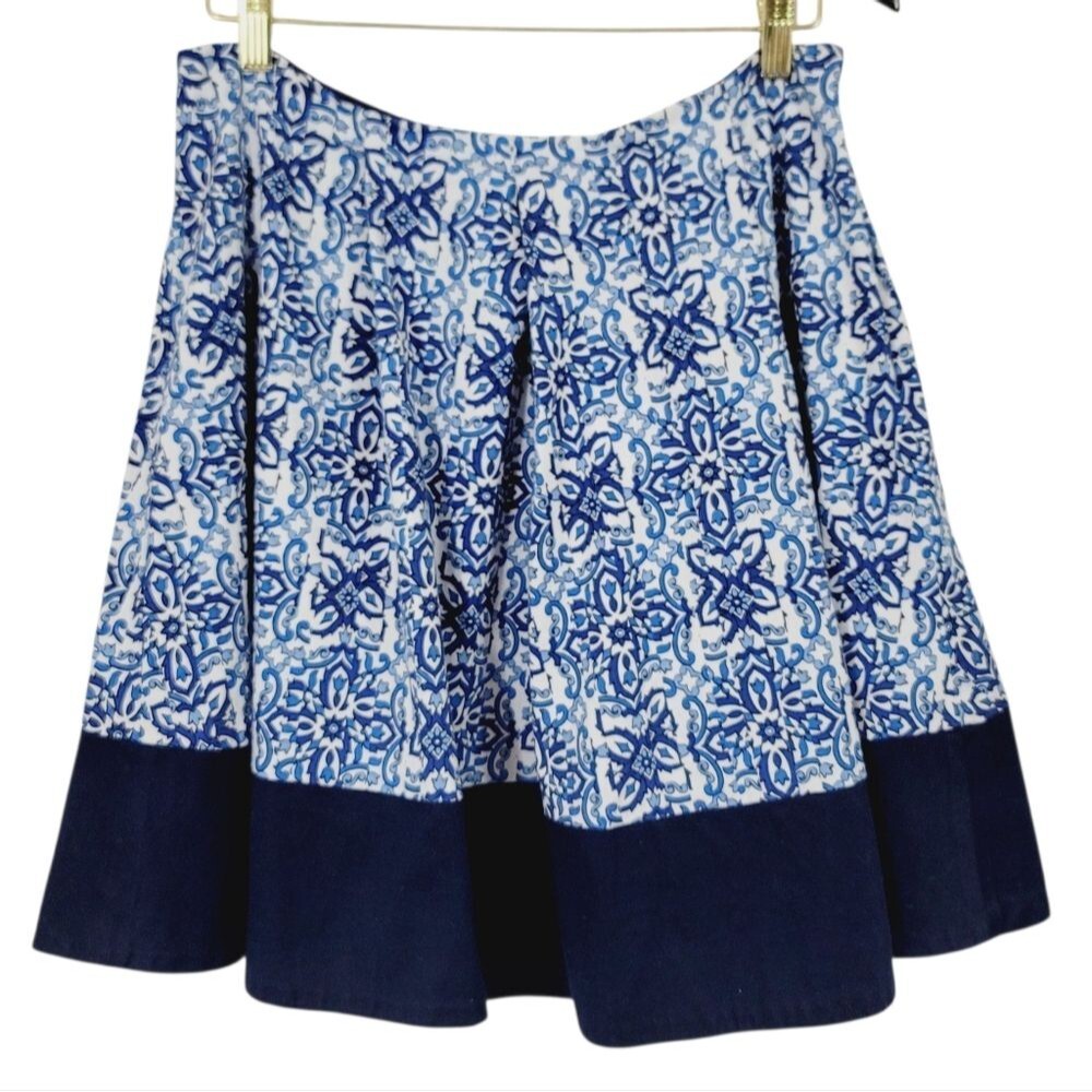 Milly Tile Print A-line Pleated Circle Skirt in Blue Combo Size Large - Picture 7 of 9